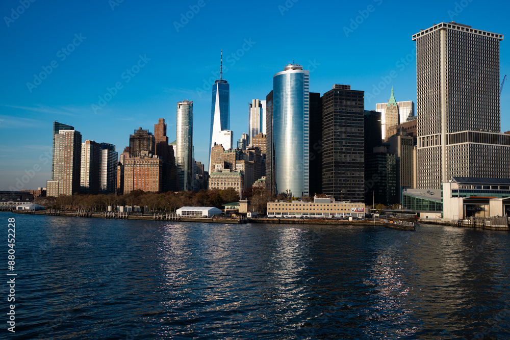 Naklejka premium Panoramic view of New York, United States. New York city skyline in Midtown Manhattan. USA, NYC, NY, Manhattan. American big city. Lower Manhattan skyline. New York from New Jersey.
