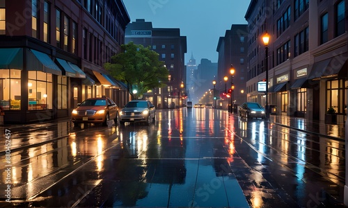 a image of cityscape of rainy season , car running on wet road , building , shops , wallpaper 