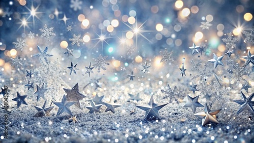 Elegant festive silver background decorated with scattered confetti, shimmering glitter, and twinkling confetti stars in a magical winter wonderland setting. photo