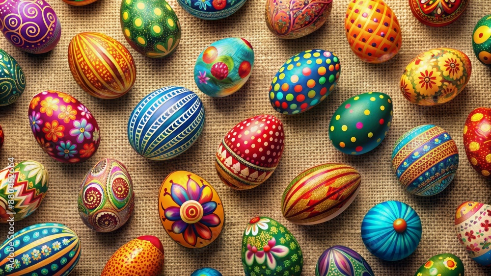 Vibrant colored egg pattern on fabric texture with easter symbols and painted eggs print on happy easter day backdrop illustration. Vibrant colored egg pattern on fabric texture with easter symbols and painted eggs print on happy easter day backdrop illustration.