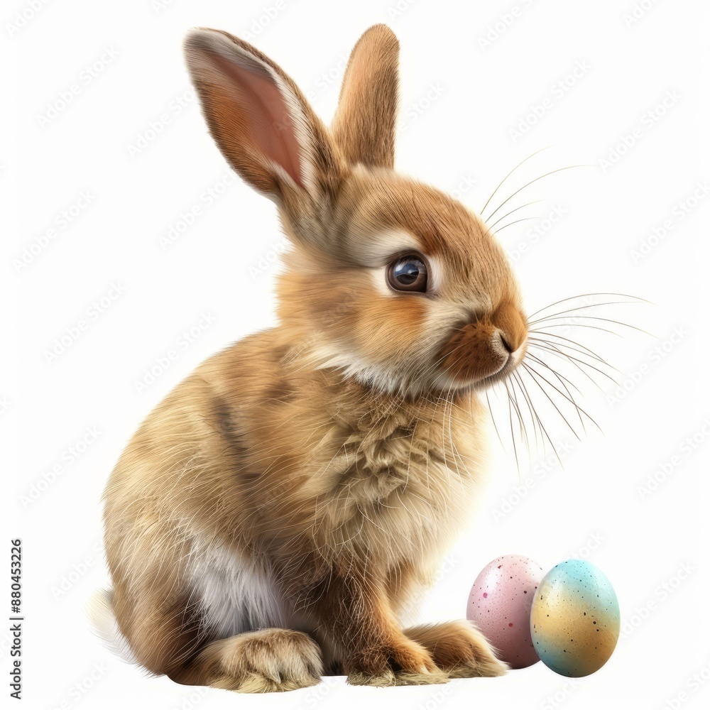 Fototapeta premium Brown Rabbit Sitting Next to Two Eggs