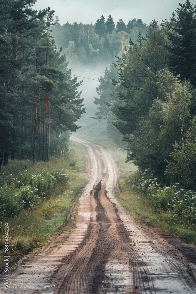 A dirt road surrounded by trees in a dense forest