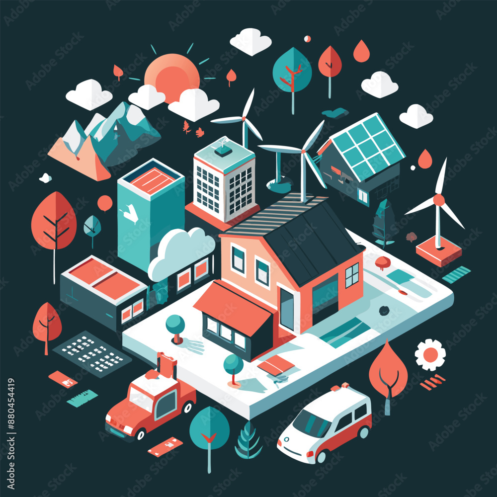 Fototapeta premium Smart city 3d isometric concept in outline design for web. People living in green urban infrastructure isometry rooms with solar and wind energy plants and waste recycling. Vector illustration