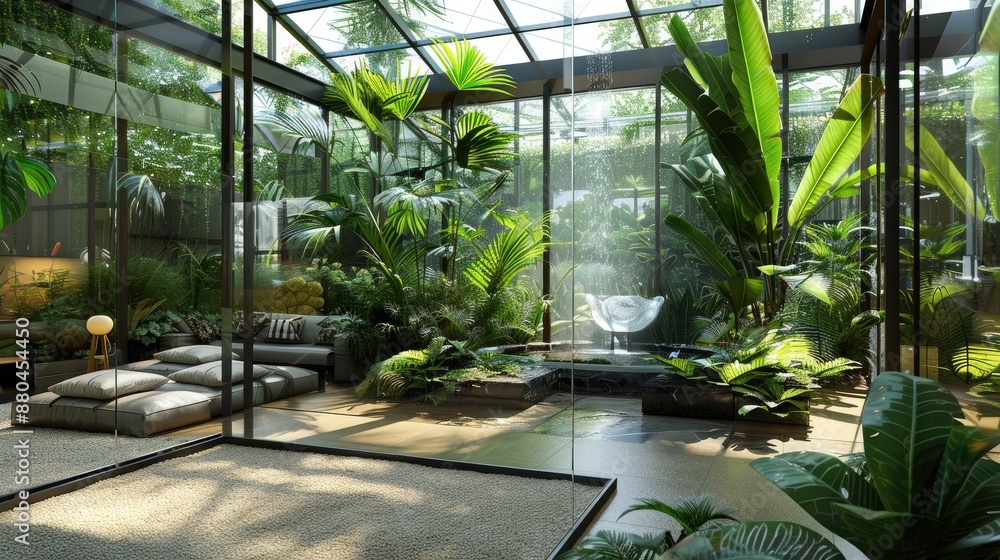 A modern conservatory with glass walls and ceiling, filled with lush indoor plants, a comfortable seating area, and a small indoor fountain for tranquility. A modern conservatory with glass walls and ceiling, filled with lush indoor plants, a comfortable seating area, and a small indoor fountain for tranquility.