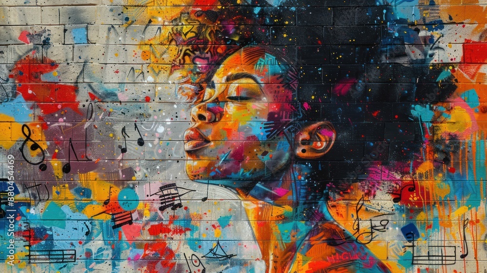 Fototapeta premium Vibrant Mural of a Woman with Music Notes