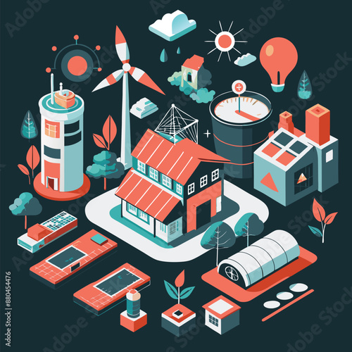 Smart city 3d isometric concept in outline design for web. People living in green urban infrastructure isometry rooms with solar and wind energy plants and waste recycling. Vector illustration