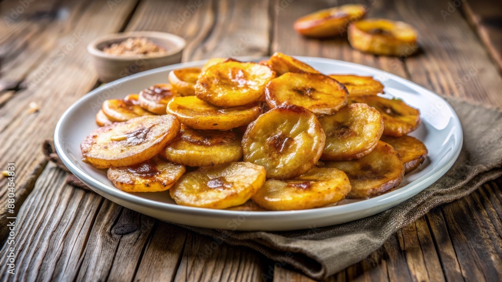 Golden caramelized fried banana slices artfully arranged on a clean white ceramic plate against a warm rustic wooden background. Golden caramelized fried banana slices artfully arranged on a clean white ceramic plate against a warm rustic wooden background.