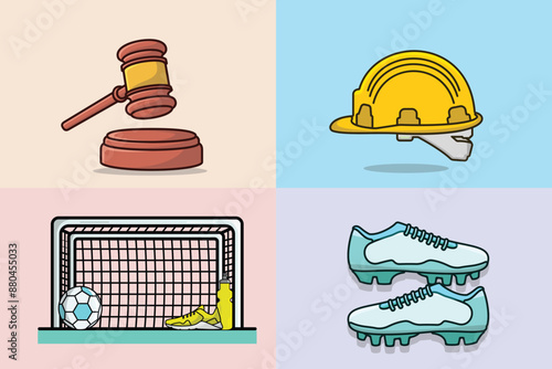 Collection of Builder Safety Helmet, Football Shoes Pair, Goal Net, and Wooden judge gavel vector designs.