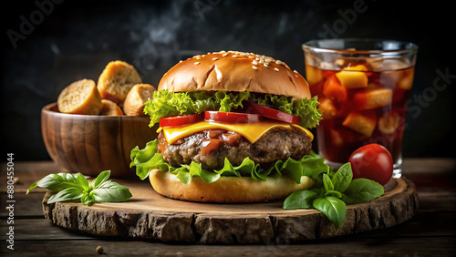 Mouthwatering double cheeseburger with American cheese, burger and hamburger crisp lettuce, ripe tomato, red onion, pickles, and a rustic farmhouse bun.