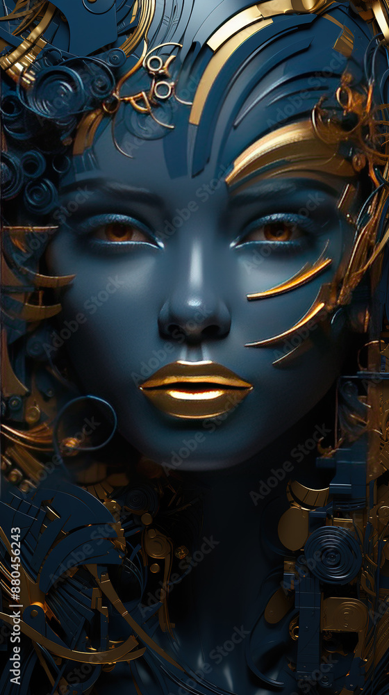 Contemporary Art Of A Beautiful Young Girl Portrait With Dark Blue and Beige Ornamental Textures Contemporary Art Of A Beautiful Young Girl Portrait With Dark Blue and Beige Ornamental Textures