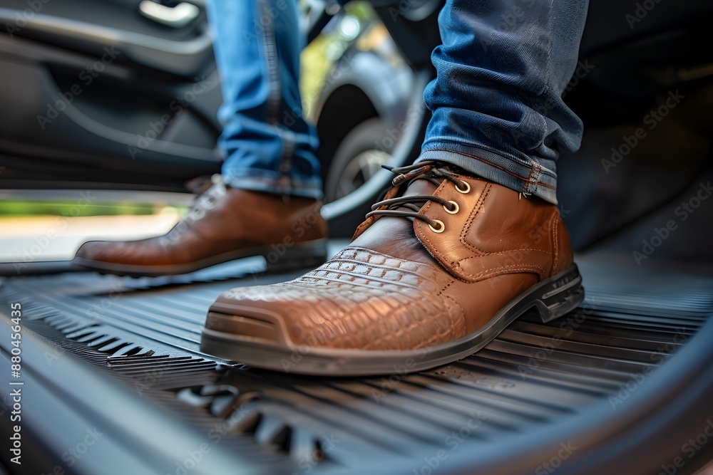 Stylish Brown Leather Shoes with Crocodile Pattern in a Car Interior Stylish Brown Leather Shoes with Crocodile Pattern in a Car Interior