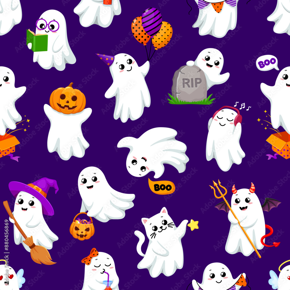 Naklejka premium Kawaii Halloween ghost characters seamless pattern. Vector holiday tile background with funny baby spooks wear witch hat, holding balloons, saying boo, clutch pumpkin bucket with sweets and broom