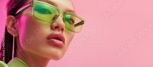 Fashion shooting asian girl model in stylish sunglasses on minimalistic yellow background. Ideal advertising for accessories eyewear stores.