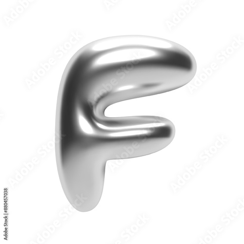3D chrome bubble letter F in Y2K futuristic style. Shiny silver glossy surface with inflated liquid metal form. Isolated alphabet letter from trendy vector render font for modern typography and design