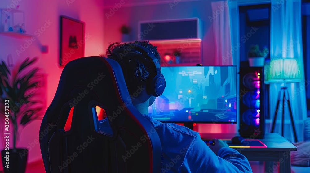 Intense Gaming Session in High-Tech Gamer Setup Intense Gaming Session in High-Tech Gamer Setup