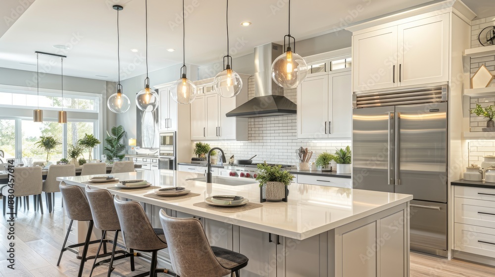 A modern kitchen with a large island, pendant lighting, high-end stainless steel appliances, sleek white cabinetry, and a backsplash of subway tiles. A modern kitchen with a large island, pendant lighting, high-end stainless steel appliances, sleek white cabinetry, and a backsplash of subway tiles.