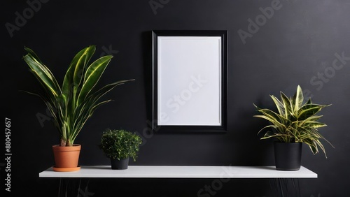 two plants on a table with a picture frame
