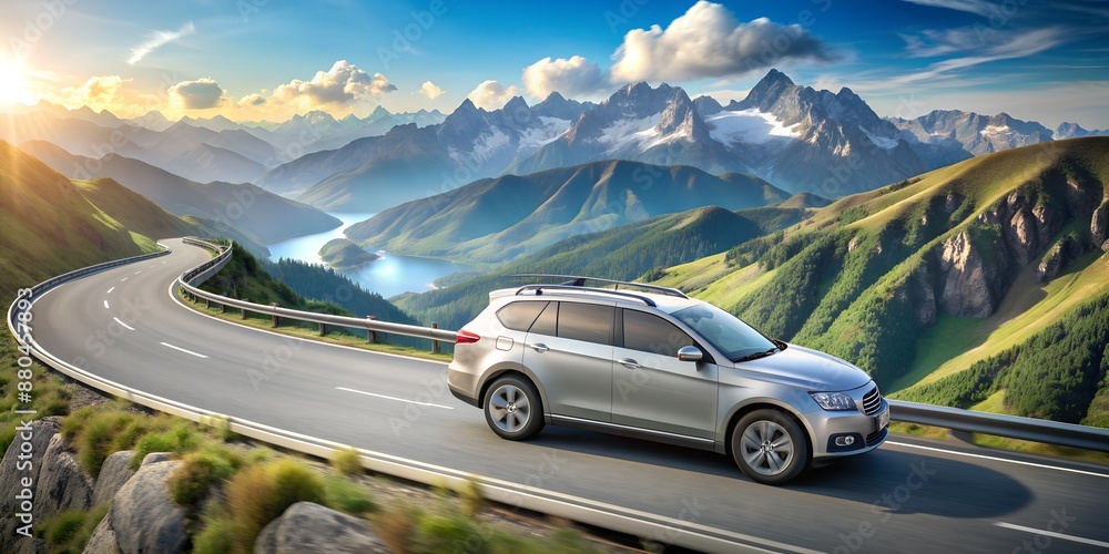 Naklejka premium 3D Silver Family Car Navigates Serene Mountain Pass