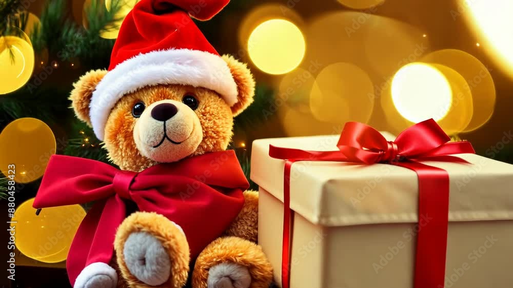 Cuddly teddy bear wearing Santa hat with Christmas lights background Cuddly teddy bear wearing Santa hat with Christmas lights background