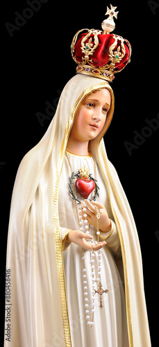 Photos Our Lady of Fátima with a red crown, showing the Immaculate Heart of Mary, the rosaries in her hands
