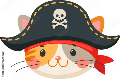 Cartoon cat animal pirate and corsair face. Sailor and captain, skipper and boatswain kawaii character. Isolated vector kitten personage with adorable tricorn hat for baby shower card, book or game
