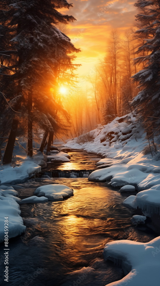 Naklejka premium forest at winter with river at the morning sunrise