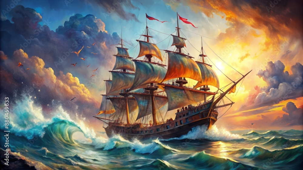 Fototapeta premium Vibrant watercolor illustration of a majestic pirate ship sailing through turbulent seas, surrounded by fluttering flags and splashing waves.