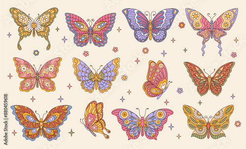 Retro groovy butterfly insects with daisy flowers and hearts. Vintage boho butterfly, psychedelic moth or funky hippie monarch vector insects with rainbow color floral ornaments on wings, groovy bugs