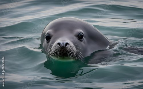 A shy vaquita surfacing briefly in the Gulf of California, its dark eyes peering above the waterline photo