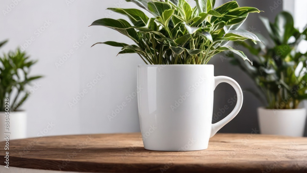 a plant in a white cup on a table a plant in a white cup on a table