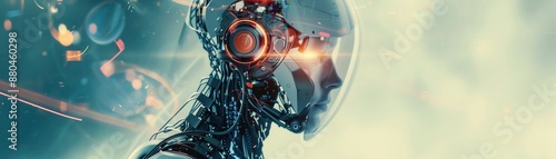 Robot prototype, engineers working, futuristic technology, copy space, innovation in progress, vibrant, double exposure, industrial setting backdrop