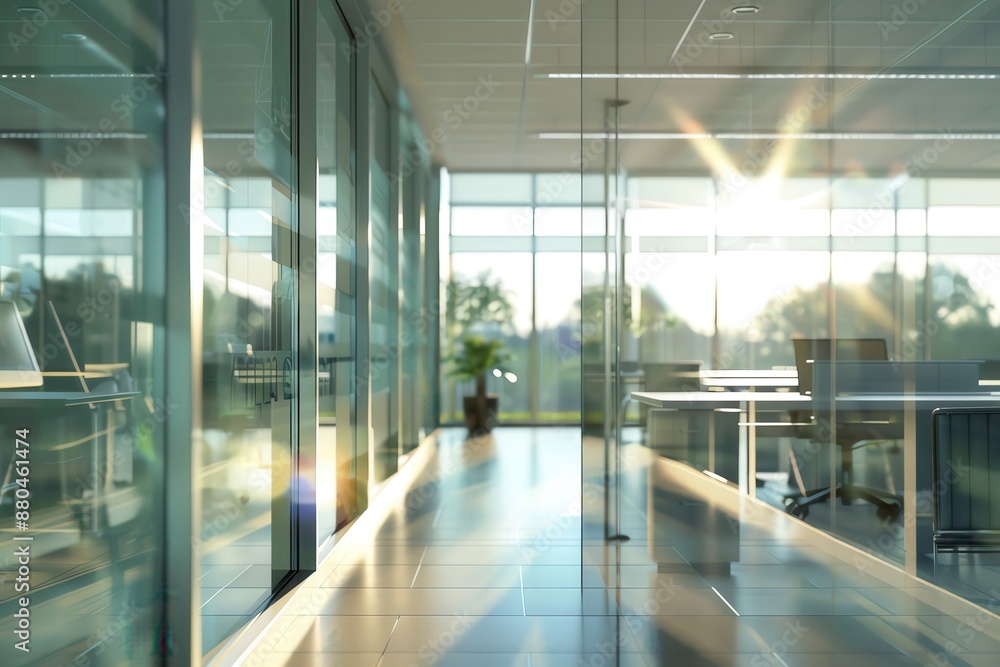Tranquil office environment captured in soft focus, panoramic windows adding depth and light to the setting Tranquil office environment captured in soft focus, panoramic windows adding depth and light to the setting