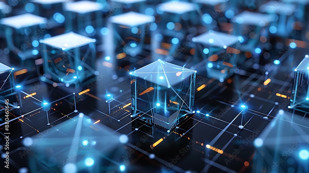 Obraz premium Blockchain Technology - Interconnected Cubes in a Digital Landscape