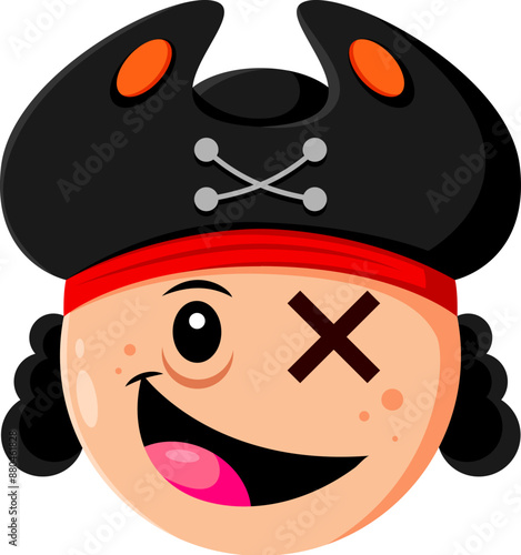 Halloween holiday pirate emoji cartoon character. Isolated vector corsair with cross eye, bandana, and tricorn hat. Spooky filibuster personage face with wide cheerful smile, app message emoticon