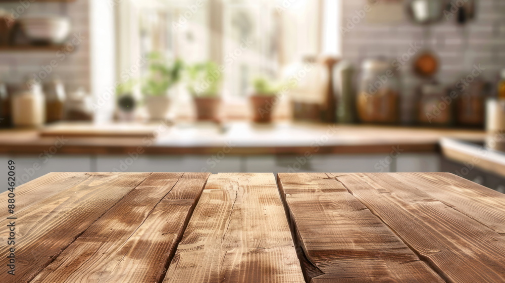Wooden table on blurred kitchen Wooden table on blurred kitchen
