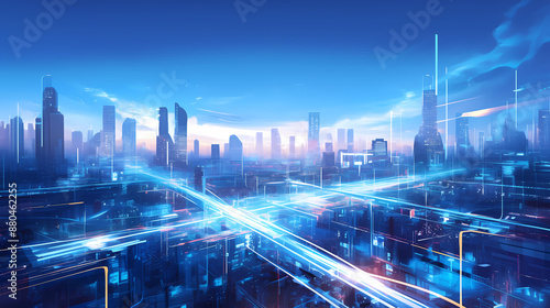 3D, blue future city and traffic, light particles, technology and artificial intelligence