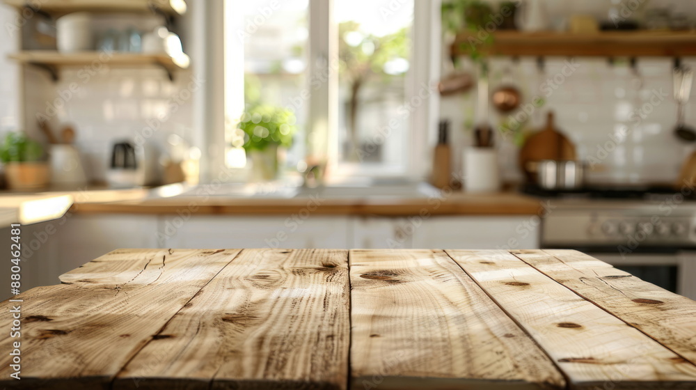 Wooden table on blurred kitchen Wooden table on blurred kitchen
