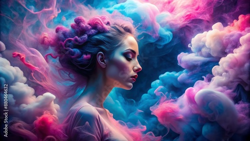 Vibrant, dreamy clouds of pink, blue, and purple smoke swirl together, forming an ethereal, abstract portrait of feminine mystique.