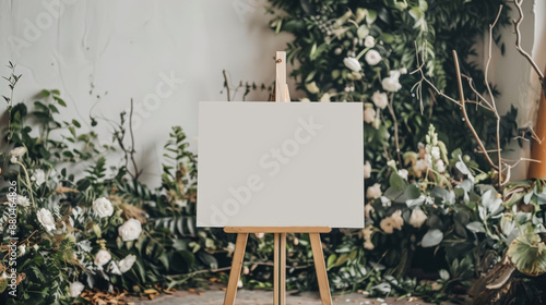 Wedding sign on wooden easel in floral room, captured with ultra-realistic style featuring greenery & subtle colors