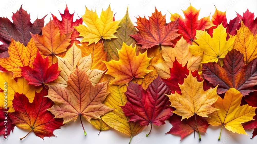 Vibrant autumn leaves unfold in a stunning gradient of warm colors, ranging from soft yellow to deep crimson, on a pristine white background. Vibrant autumn leaves unfold in a stunning gradient of warm colors, ranging from soft yellow to deep crimson, on a pristine white background.