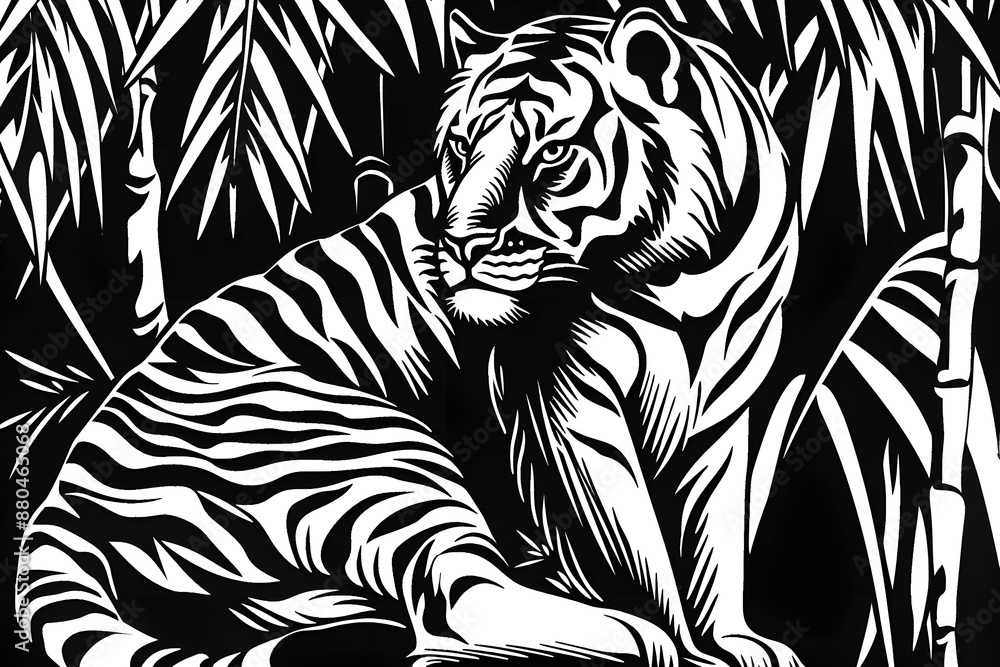 Obraz premium Hand drawn tiger silhouette in a minimal style. Black and white graphic illustration isolated on white background 