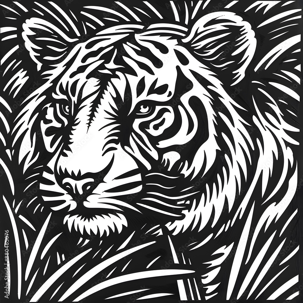 Fototapeta premium Hand drawn tiger silhouette in a minimal style. Black and white graphic illustration isolated on white background 