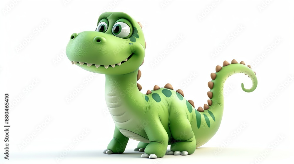 Fototapeta premium A 3D-rendered cartoon green dinosaur with brown spots.