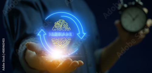 Wallpaper Mural Rebranding strategy concept. Marketing and brand management. Rethinks marketing strategy and refreshing the look and feel of brand like fingerprint is unique. Glowing neon line of rebranding icon. Torontodigital.ca