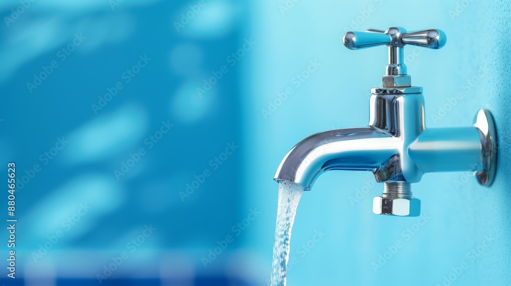 close-up of a chrome water faucet with running water on a blue background. close-up of a chrome water faucet with running water on a blue background.