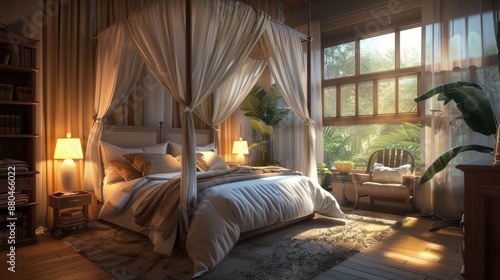 A serene bedroom with a canopy bed, luxurious linens, a cozy reading nook by the window, and soft, ambient lighting, designed for ultimate relaxation.