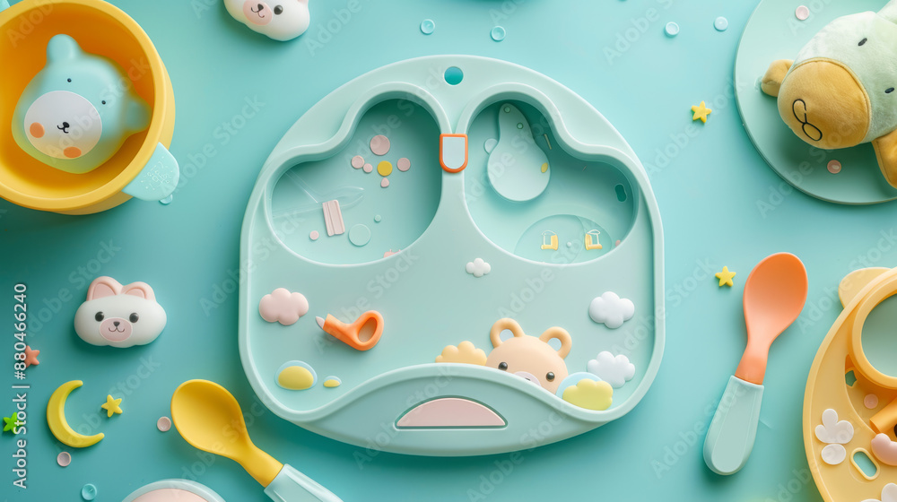 A top view of children's tableware including a silicone bib and a bowl, ideal for serving baby food and other kid-friendly dishes. A top view of children's tableware including a silicone bib and a bowl, ideal for serving baby food and other kid-friendly dishes.