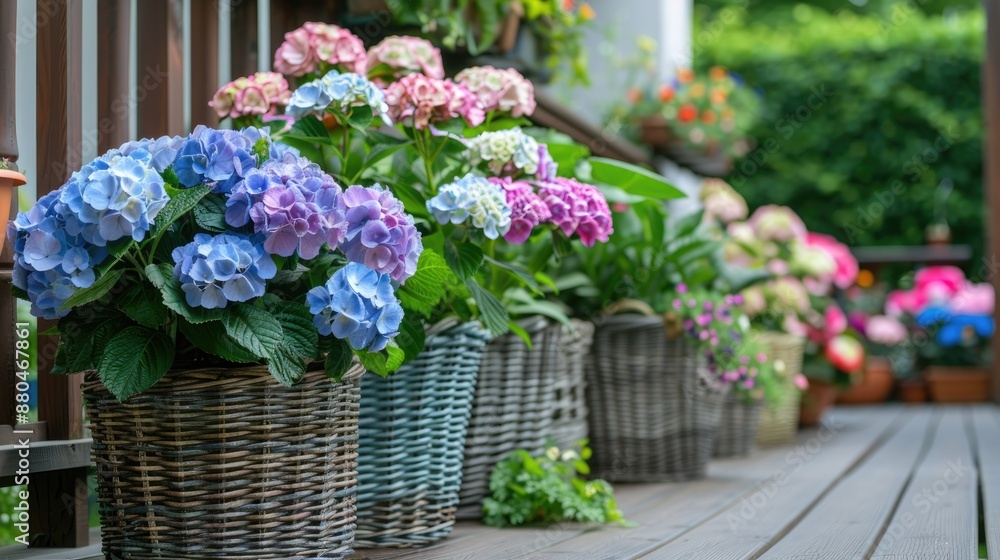 Garden with plants growing in pots at home Flowers on veranda Blooming garden with hortensia in basket Garden with plants growing in pots at home Flowers on veranda Blooming garden with hortensia in basket