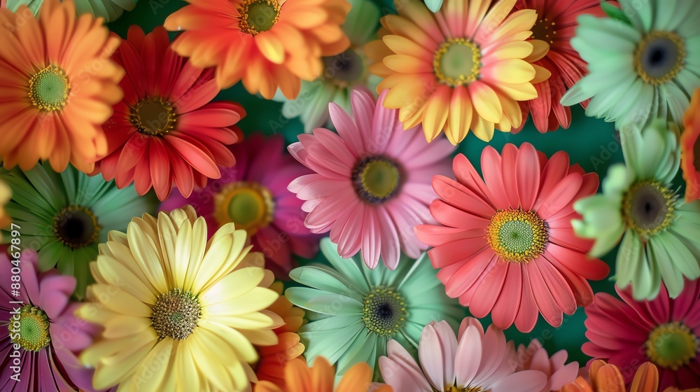 A collection of colorful daisies on a green background. A collection of colorful daisies on a green background.