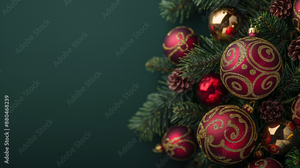 New Year and Christmas background, New Year’s Christmas tree decorations in red with gold patterns, green gradient background New Year and Christmas background, New Year’s Christmas tree decorations in red with gold patterns, green gradient background